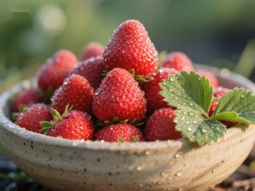 新鲜草莓盛于陶碗中