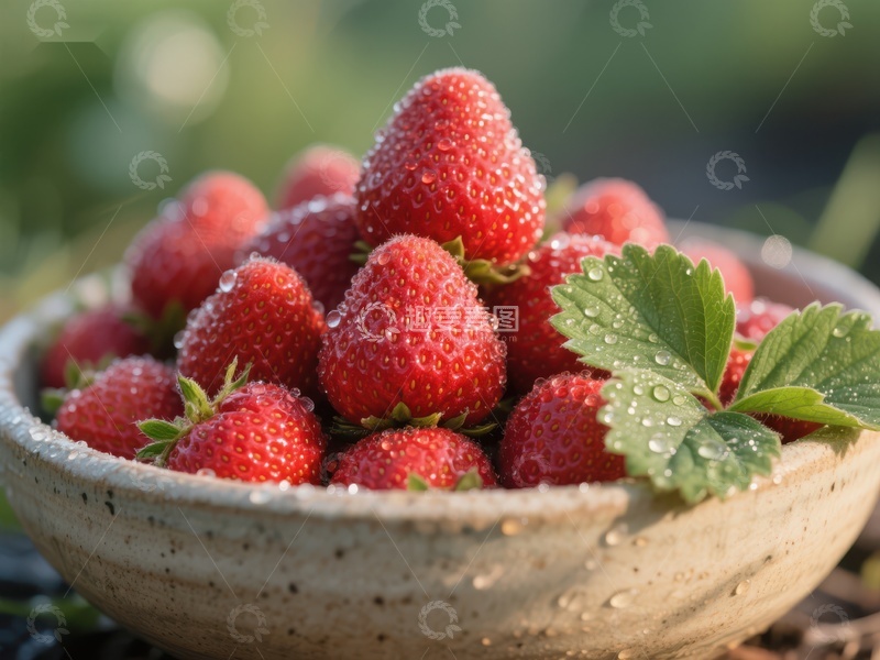 高清大图下载【趣麦麦图】新鲜草莓盛于陶碗中