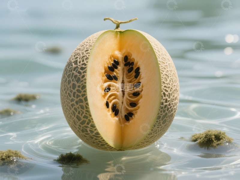 高清大图下载【趣麦麦图】切开的甜瓜漂浮在水面上
