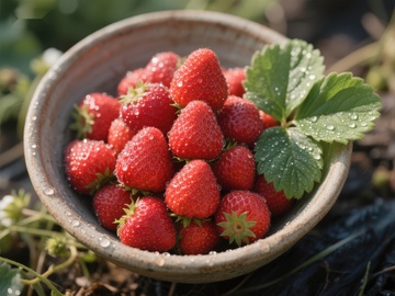 新鲜草莓盛于陶碗中