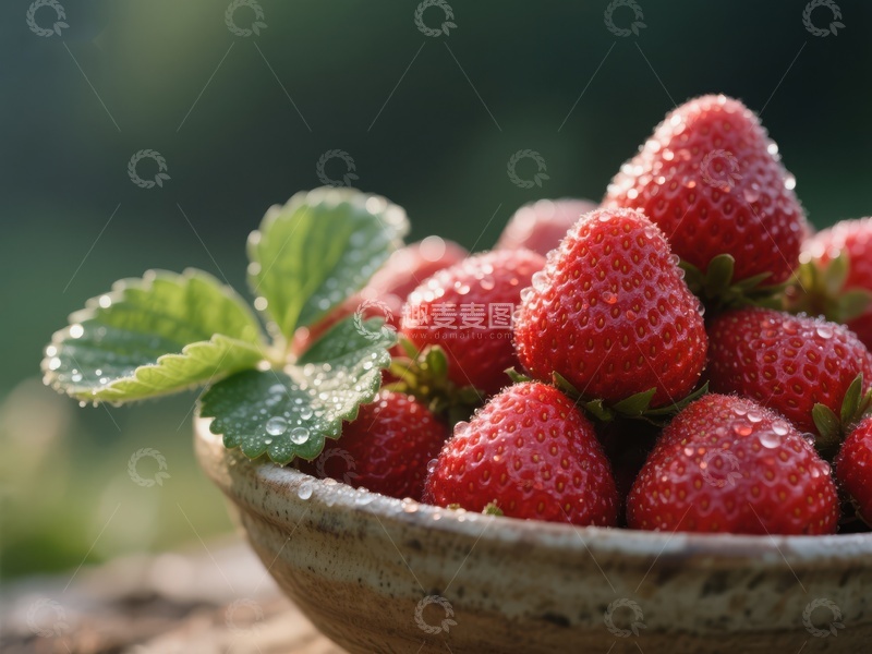 高清大图下载【趣麦麦图】新鲜草莓盛于陶碗中