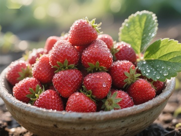 新鲜草莓盛满陶碗