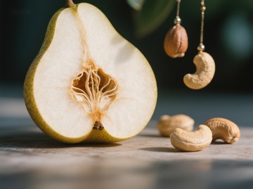 切开的梨与散落的腰果