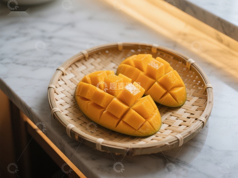 高清大图下载【趣麦麦图】新鲜芒果切片置于竹篮中
