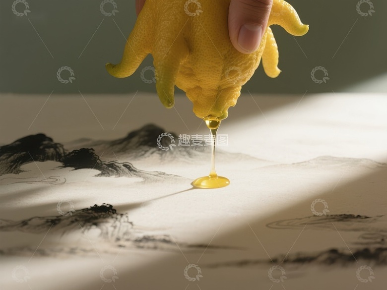 柠檬汁滴落水墨画上