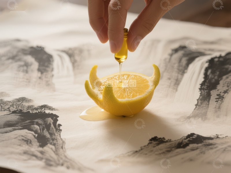 高清大图下载【趣麦麦图】柠檬滴油，水墨画背景