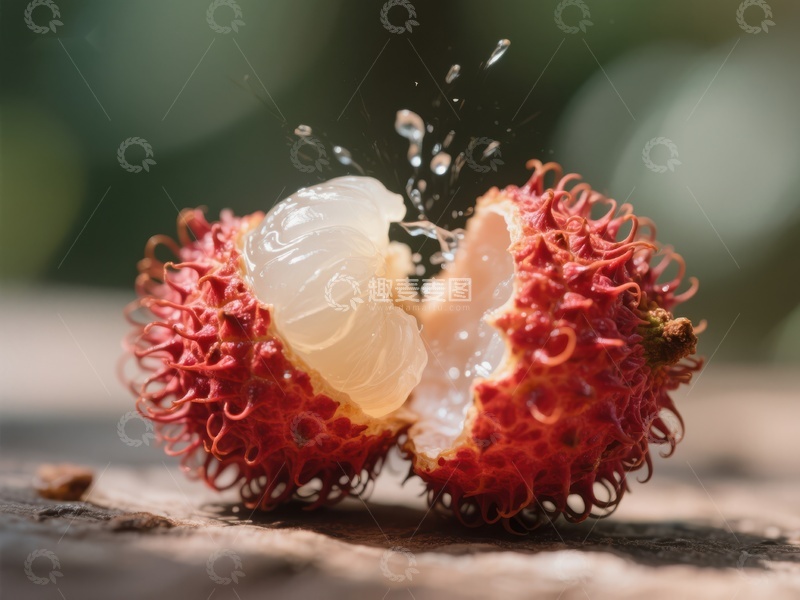 高清大图下载【趣麦麦图】新鲜荔枝破裂，果汁四溅