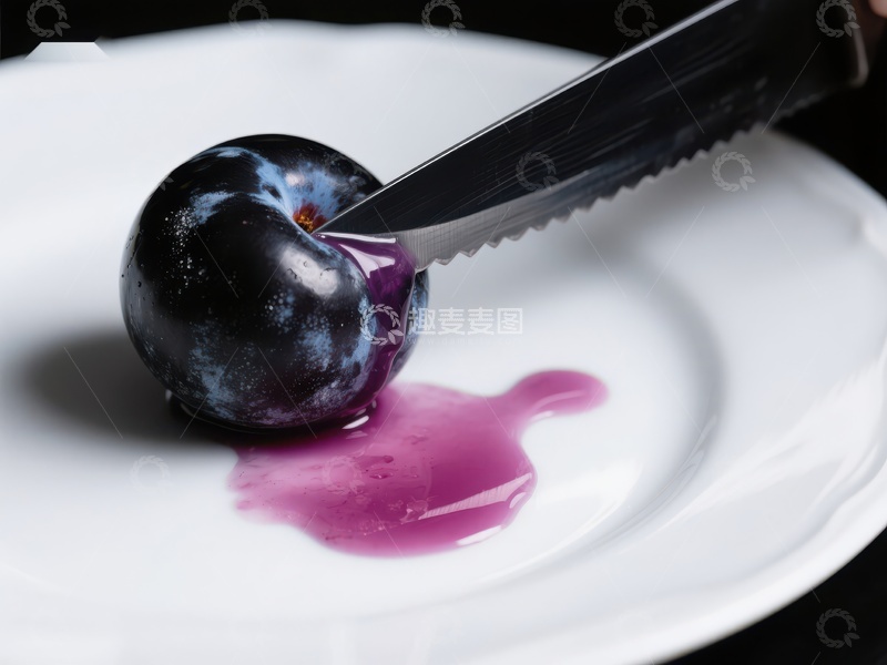 高清大图下载【趣麦麦图】刀切李子，汁液滴落盘中