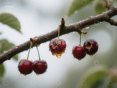 雨后樱桃枝头滴水