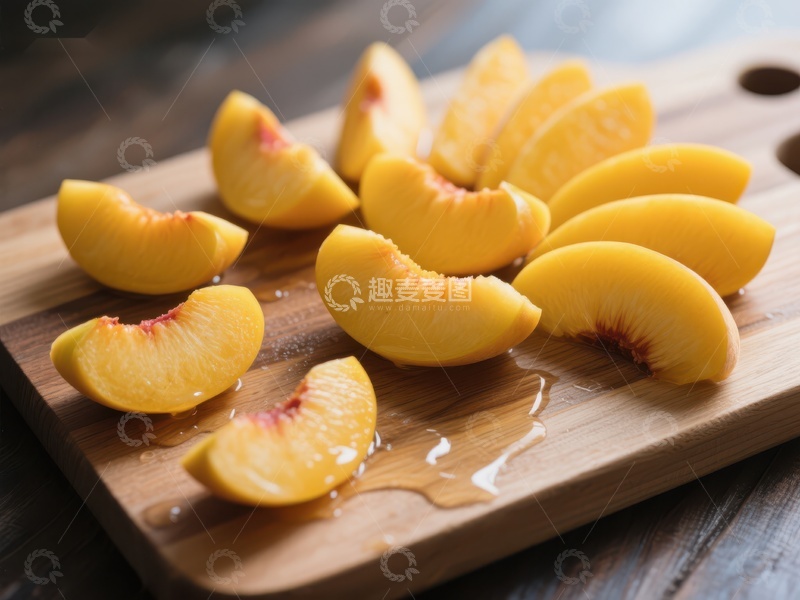 高清大图下载【趣麦麦图】新鲜切片桃子置于木质砧板上