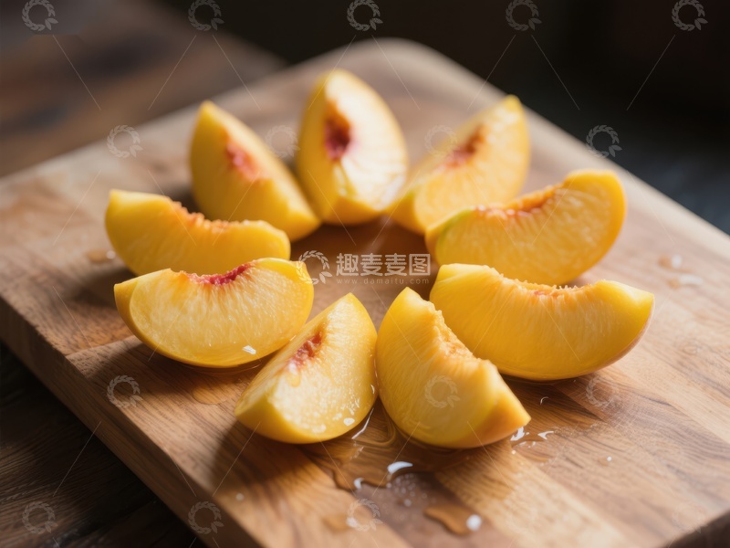 高清大图下载【趣麦麦图】新鲜切片的桃子放在木制砧板上