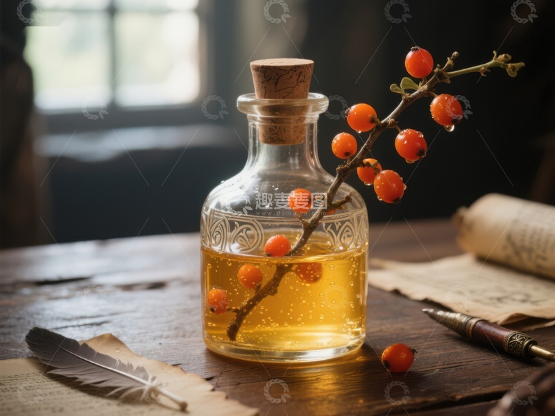 高清大图下载【趣麦麦图】金黄色液体与浆果枝的静物组合