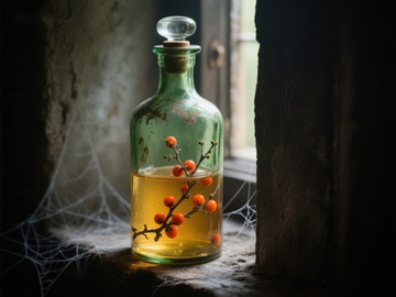 窗边的古老药瓶与浆果枝