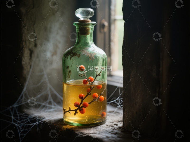 高清大图下载【趣麦麦图】窗边的古老药瓶与浆果枝