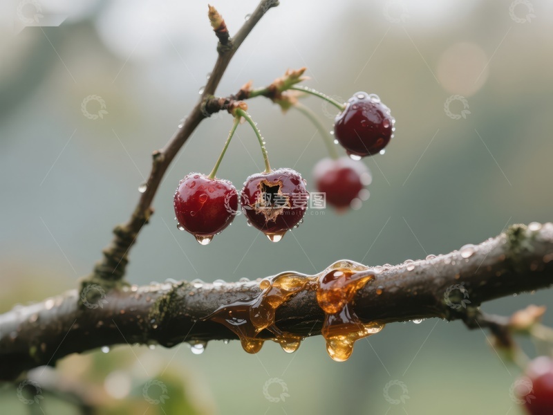 高清大图下载【趣麦麦图】枝头樱桃与树胶滴落