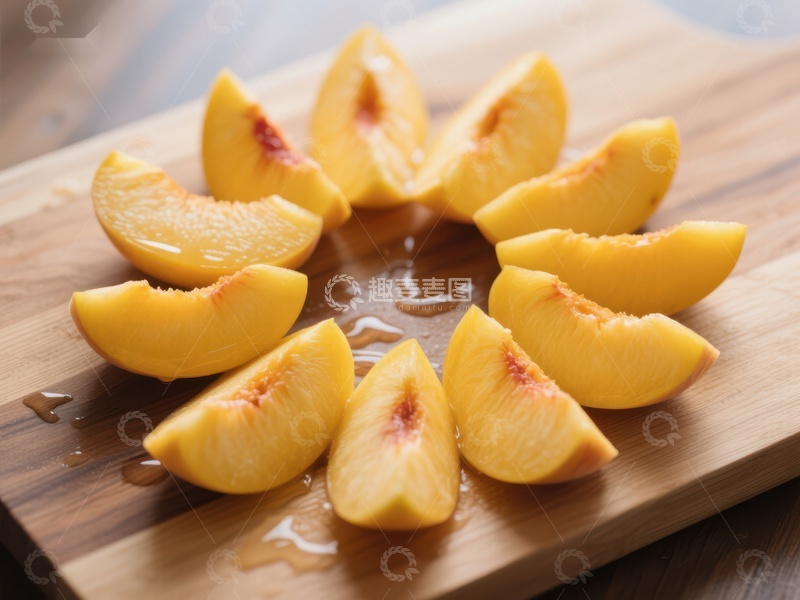 高清大图下载【趣麦麦图】新鲜切片的桃子排列在木制砧板上