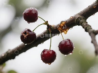 雨后枝头的鲜红樱桃