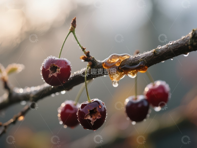 高清大图下载【趣麦麦图】枝头樱桃与树胶滴落的清晨景象