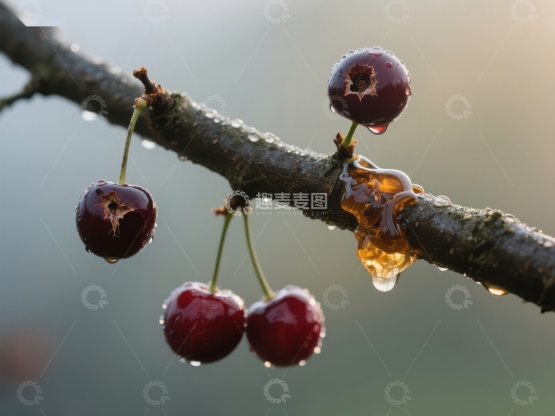 高清大图下载【趣麦麦图】枝头樱桃与滴落的蜂蜜