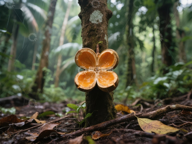 高清大图下载【趣麦麦图】雨林中树干上的橙色果荚
