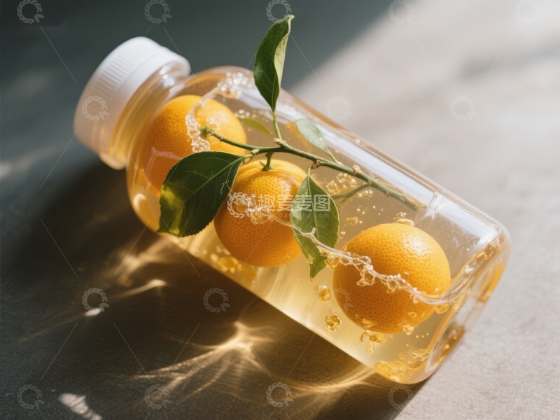 高清大图下载【趣麦麦图】透明瓶中橙子与绿叶的清新组合