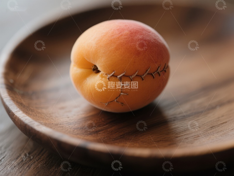 高清大图下载【趣麦麦图】缝合的杏子置于木质盘中