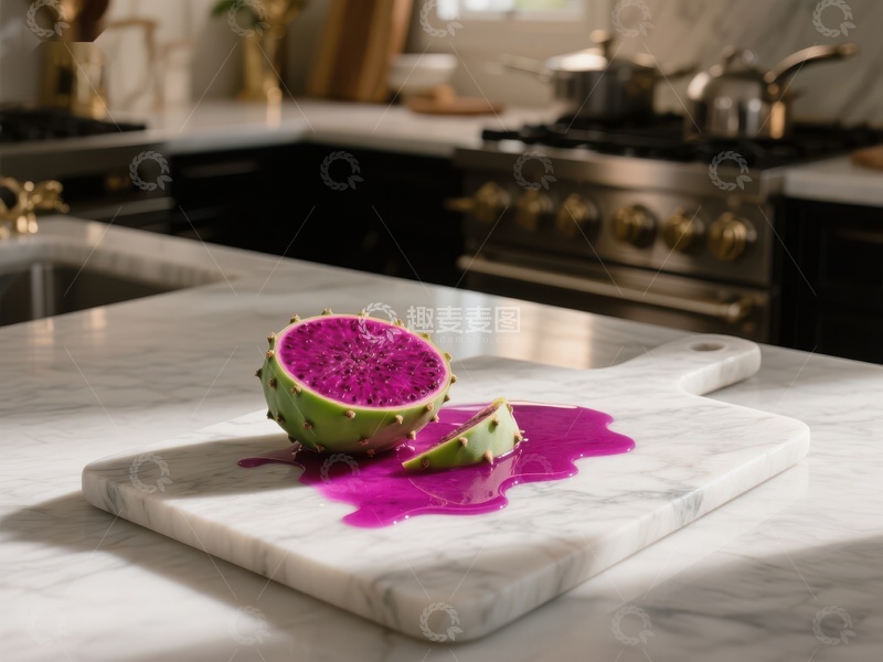 高清大图下载【趣麦麦图】切开的火龙果置于厨房大理石砧板上
