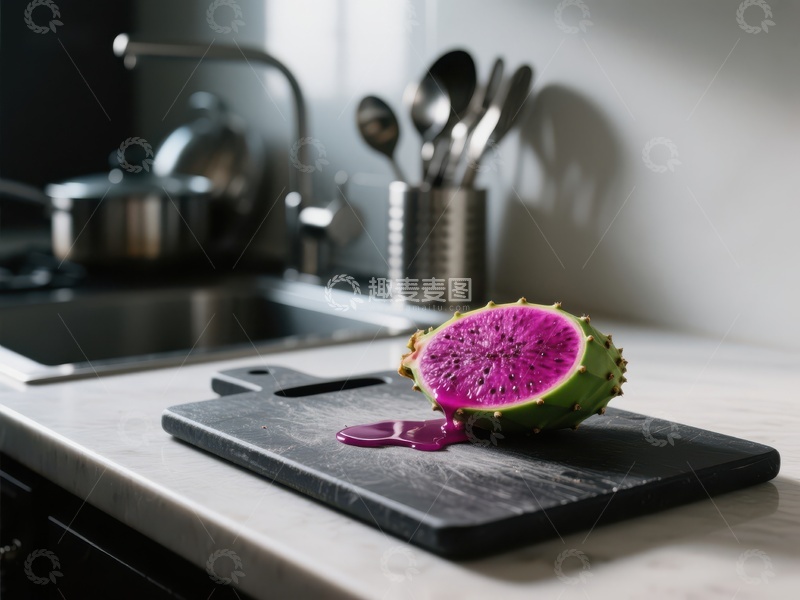 高清大图下载【趣麦麦图】切开的火龙果置于厨房砧板上