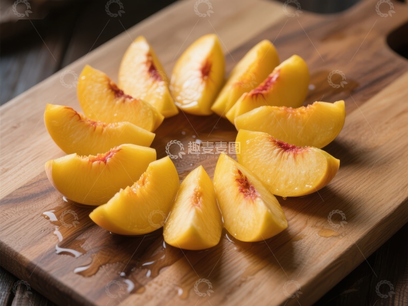 高清大图下载【趣麦麦图】新鲜桃子切片摆放在木质砧板上