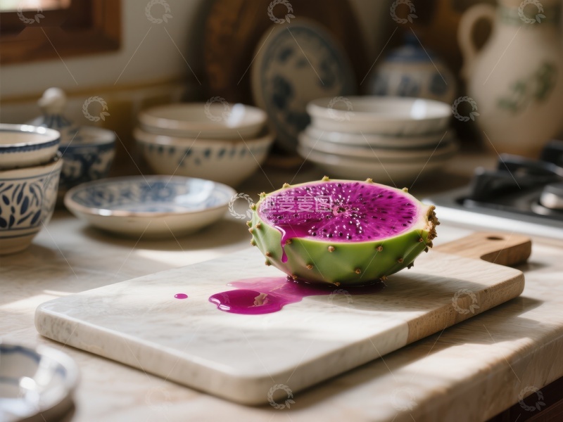 高清大图下载【趣麦麦图】切开的火龙果置于厨房砧板上