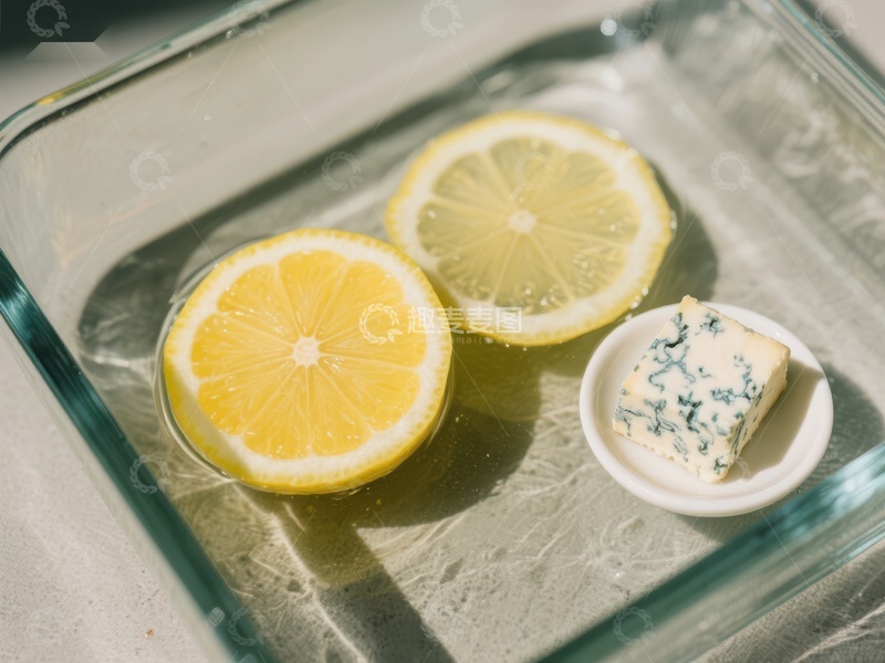 高清大图下载【趣麦麦图】柠檬切片与奶酪块置于玻璃盘中
