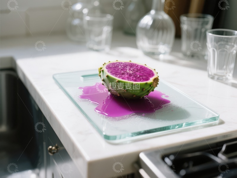 高清大图下载【趣麦麦图】切开的仙人掌果置于玻璃盘上
