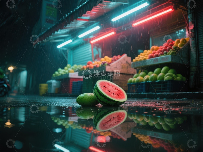 雨夜市场，西瓜与霓虹灯的倒影
