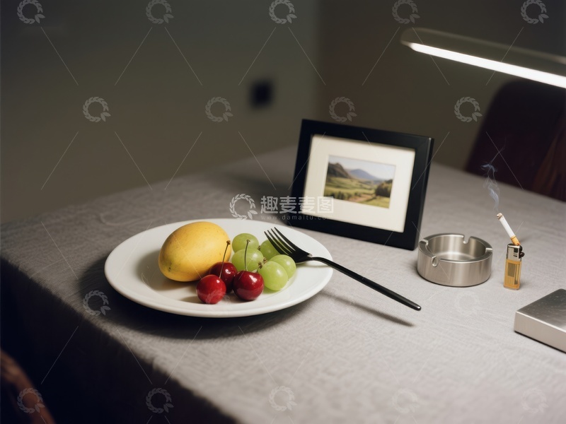 高清大图下载【趣麦麦图】静谧桌面：水果、相框与烟灰缸
