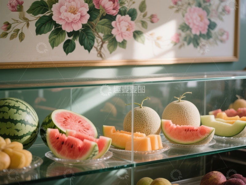 高清大图下载【趣麦麦图】水果展示柜与花卉装饰