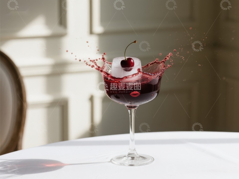 高清大图下载【趣麦麦图】樱桃落入酒杯，溅起红色液体
