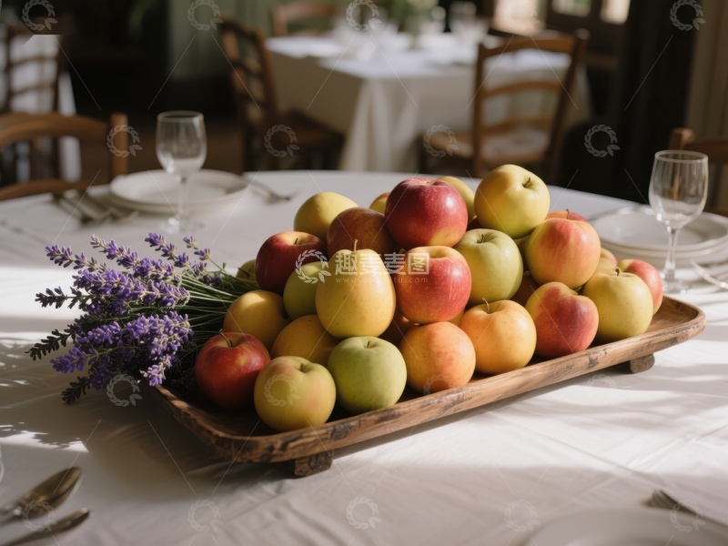 高清大图下载【趣麦麦图】-木盘盛放的苹果与薰衣草装饰