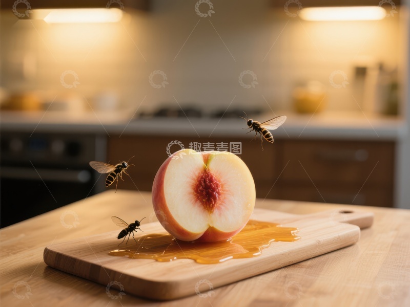 切开的桃子吸引蜜蜂