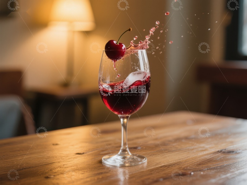 高清大图下载【趣麦麦图】樱桃落入红酒杯溅起酒液