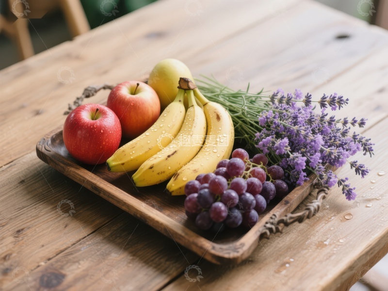 高清大图下载【趣麦麦图】木盘上的新鲜水果与薰衣草