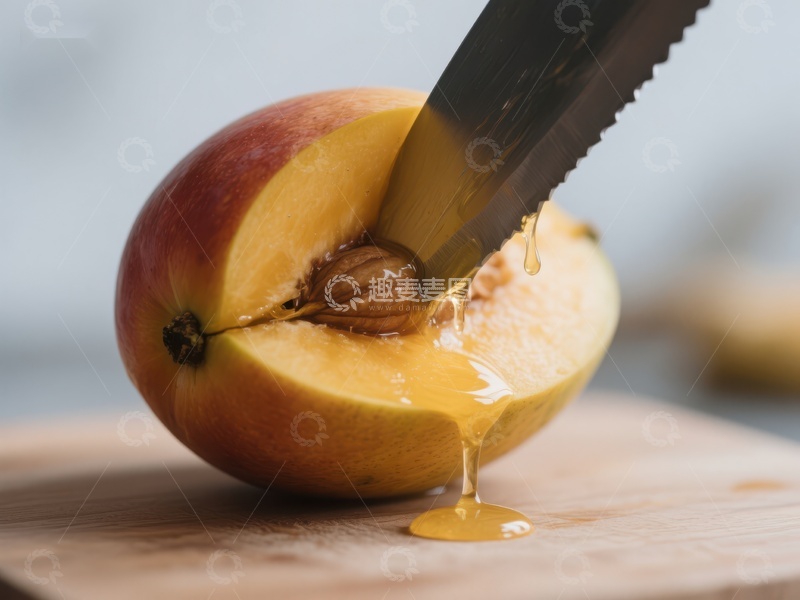高清大图下载【趣麦麦图】-刀切桃子，汁液滴落