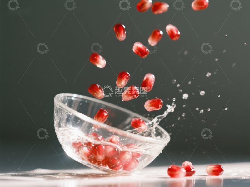 高清大图下载【趣麦麦图】石榴籽落入透明碗中溅起水花