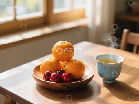温暖阳光下的水果与热茶