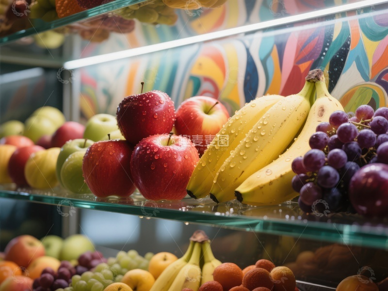 高清大图下载【趣麦麦图】新鲜水果陈列在色彩斑斓的货架上