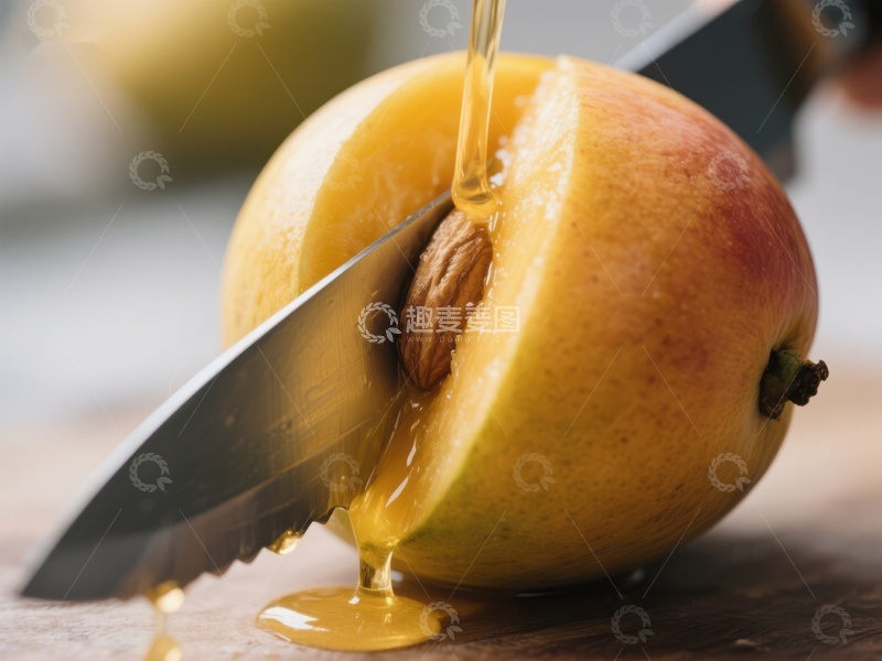 高清大图下载【趣麦麦图】刀切桃子，蜂蜜流淌