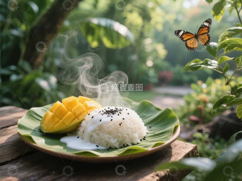 高清大图下载【趣麦麦图】芒果糯米饭与蝴蝶共舞