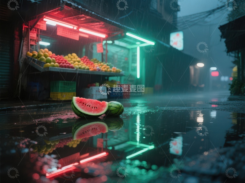 雨夜市场，西瓜倒影