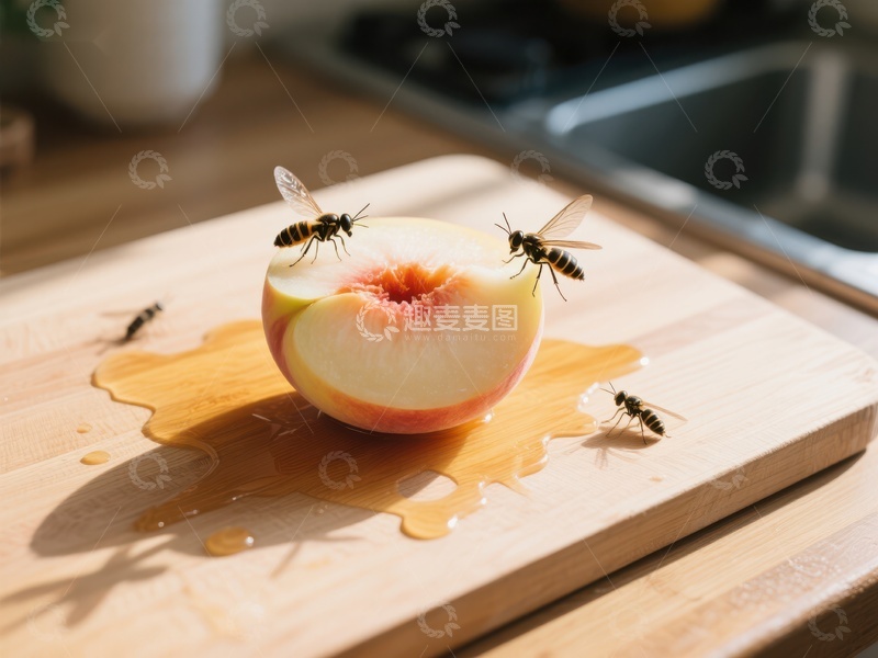 切开的桃子吸引蜜蜂
