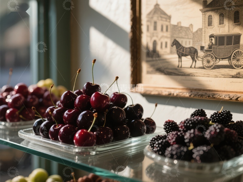 高清大图下载【趣麦麦图】新鲜樱桃与黑莓展示于玻璃托盘