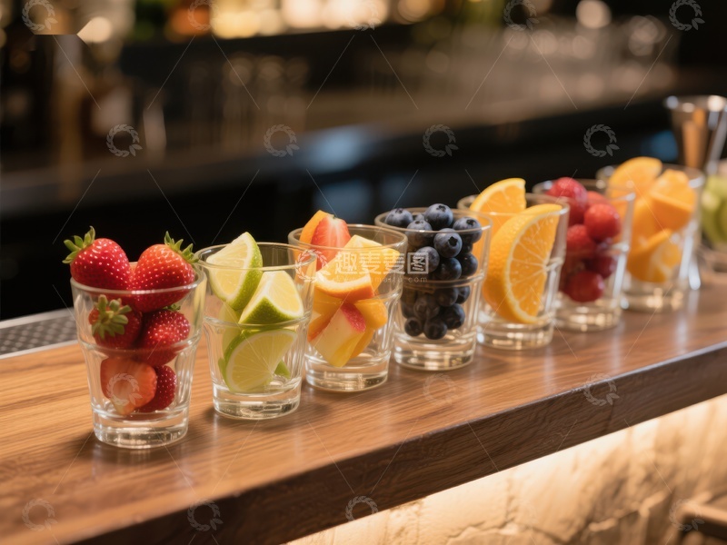 高清大图下载【趣麦麦图】色彩缤纷的水果杯排列在吧台上